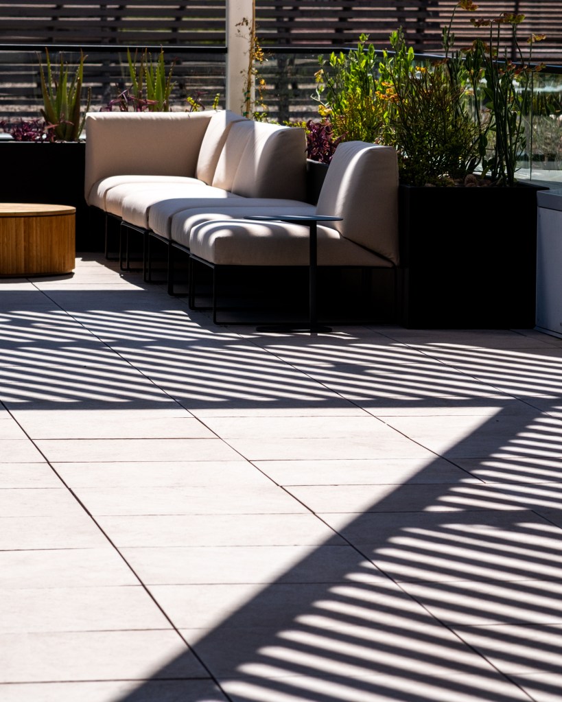 Commercial photography of an outdoor lounge seating area at The Esplanade in Phoenix, Arizona.