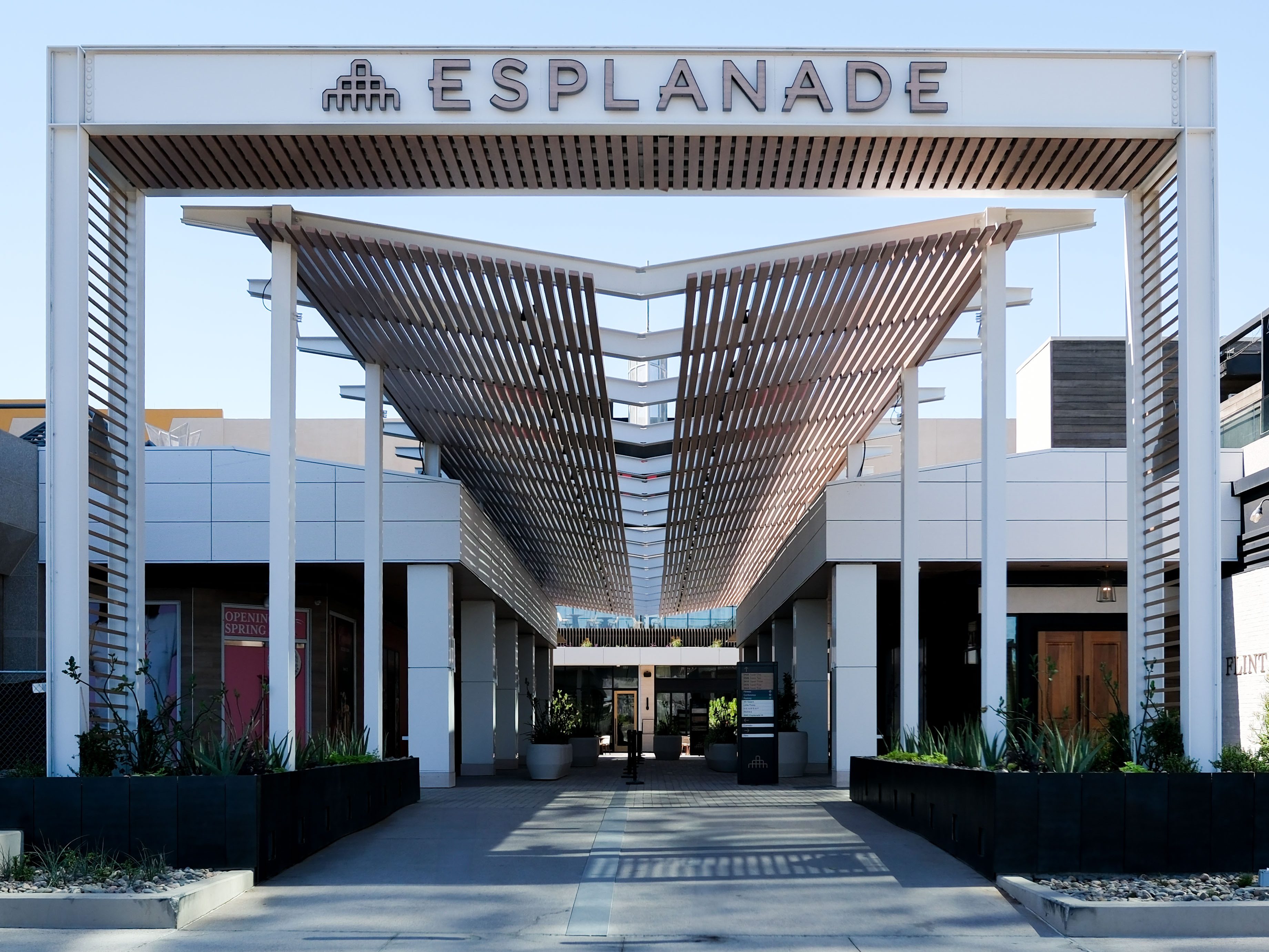 Architectural photography of The Esplanade business and retail complex entrance in Biltmore, Phoenix, Arizona.